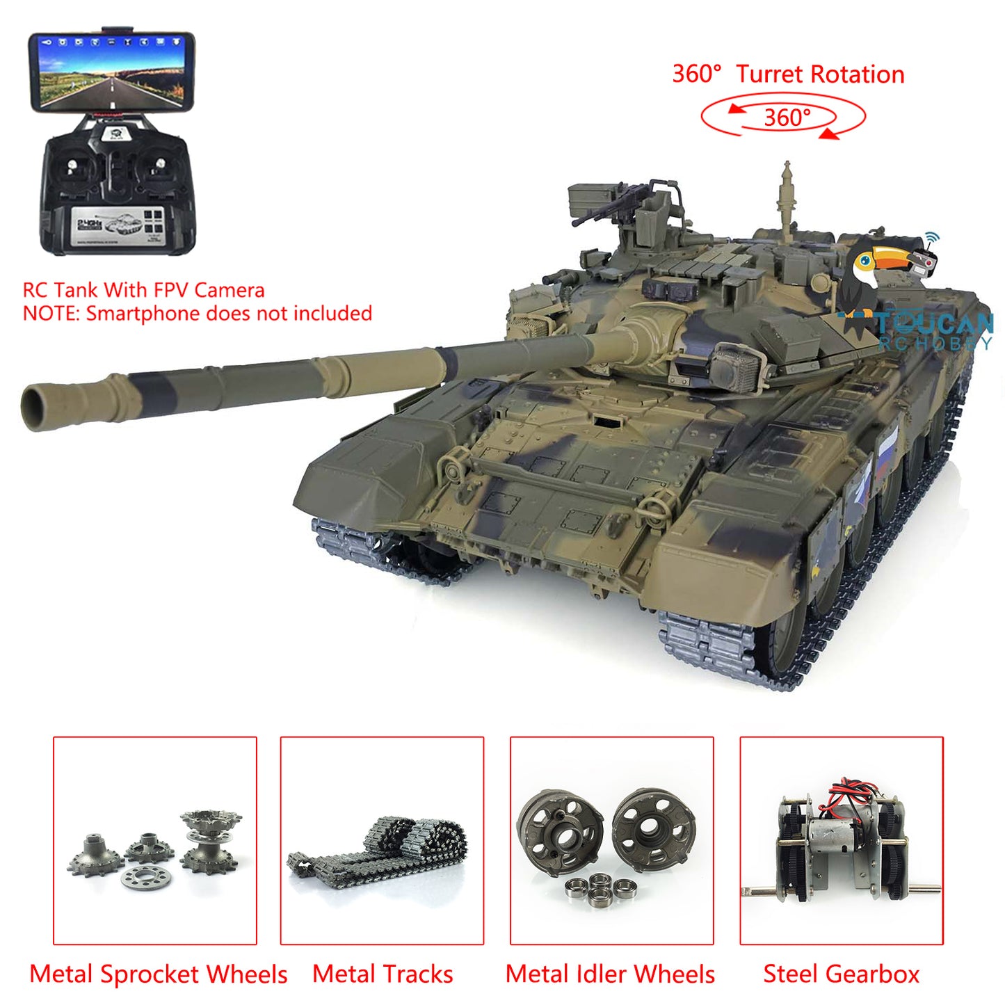 Henglong 7.0 Russian T90 RTR 1/16 RC Tank 3938 FPV 360 Degrees Turret Transmitter Receiver Speaker Motor Gearbox Metal Tracks