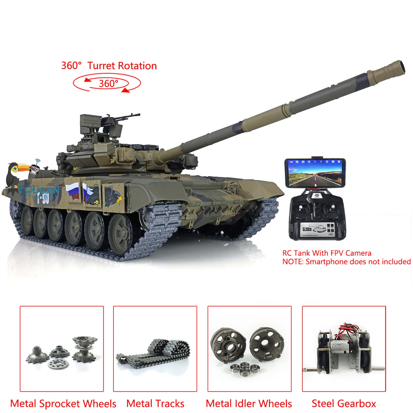 Henglong 7.0 Russian T90 RTR 1/16 RC Tank 3938 FPV 360 Degrees Turret Transmitter Receiver Speaker Motor Gearbox Metal Tracks