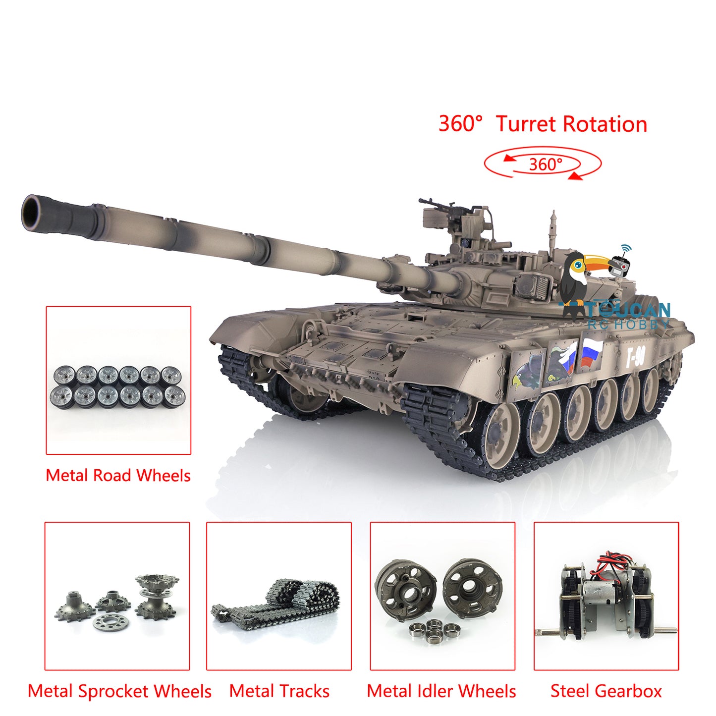 Henglong 7.0 Customized Russian T90 1/16 RC Tank RTR 3938 360 Degrees Turret Metal Tracks Wheels Steel Gearbox Speaker