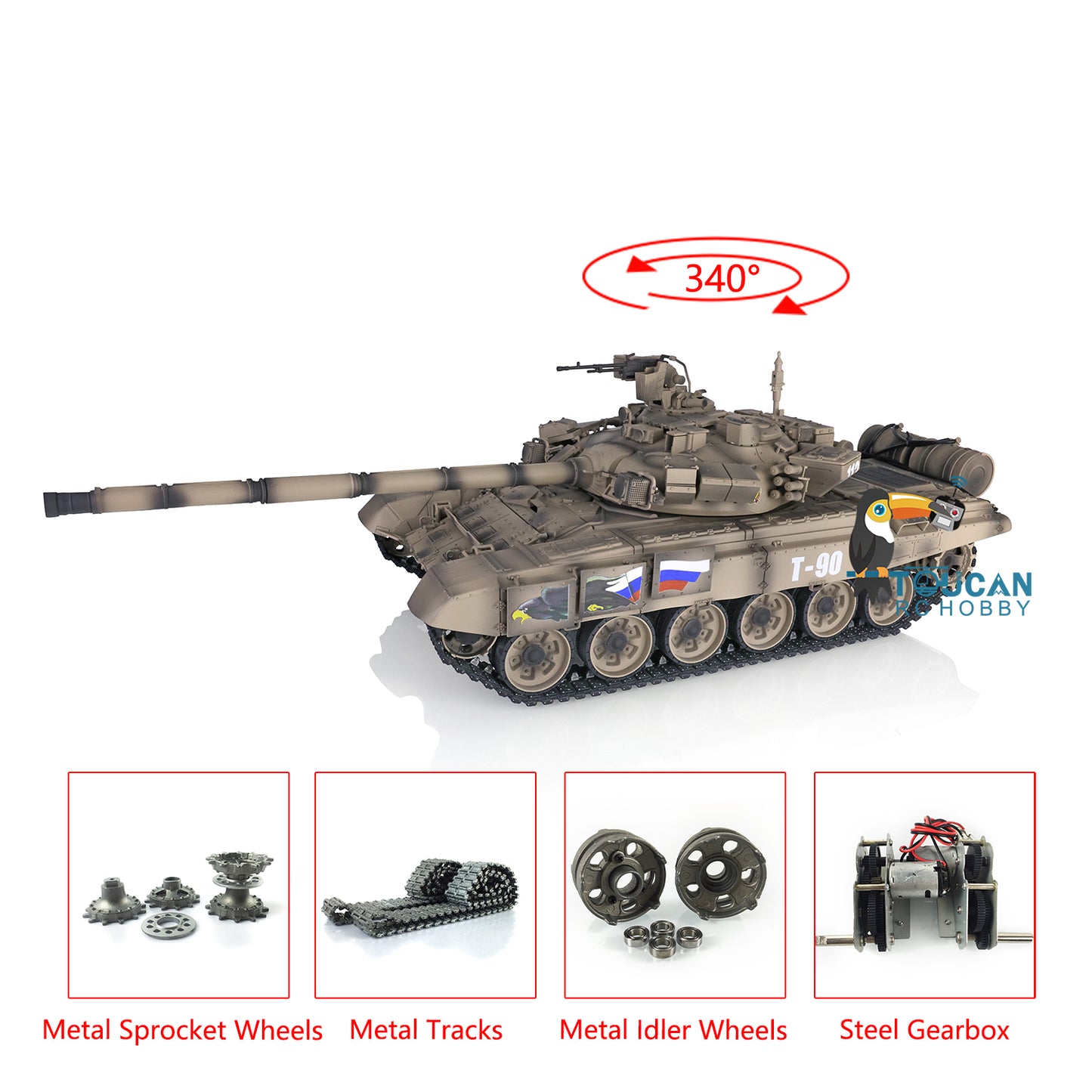 2.4Ghz Henglong Main Battle Russian T90 1/16 Scale 7.0 RTR RC Tank Model 3938 340 Turret Metal Tracks Idlers Driving Wheels