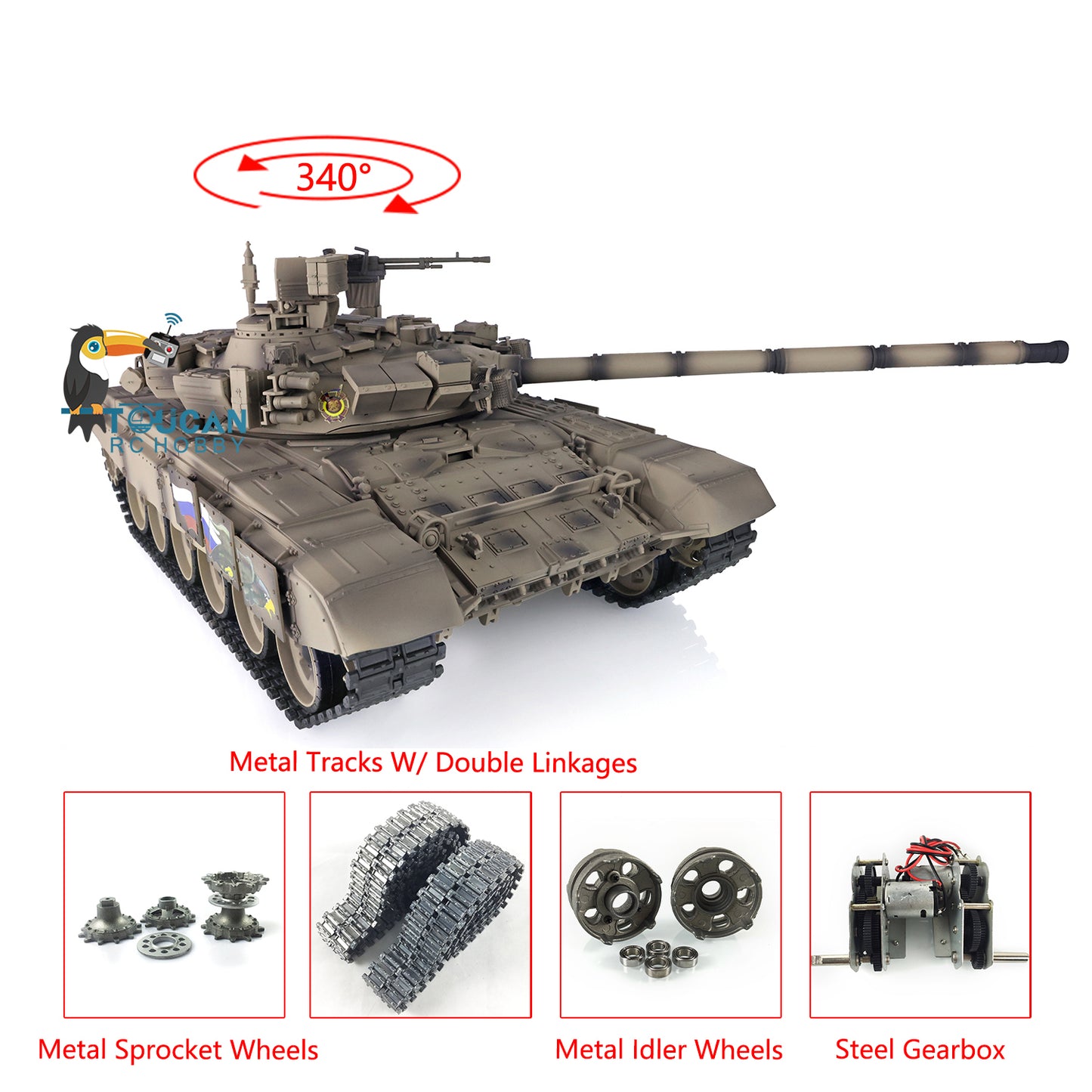 Henglong 2.4Ghz Upgraded Russian T90 1/16 Scale 7.0 RTR RC Tank Model 3938 Metal Tracks W/ Linkages 340 Degree Turret Main Battle