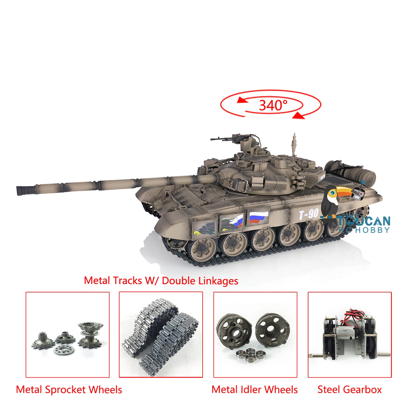 Henglong 2.4Ghz Upgraded Russian T90 1/16 Scale 7.0 RTR RC Tank Model 3938 Metal Tracks W/ Linkages 340 Degree Turret Main Battle