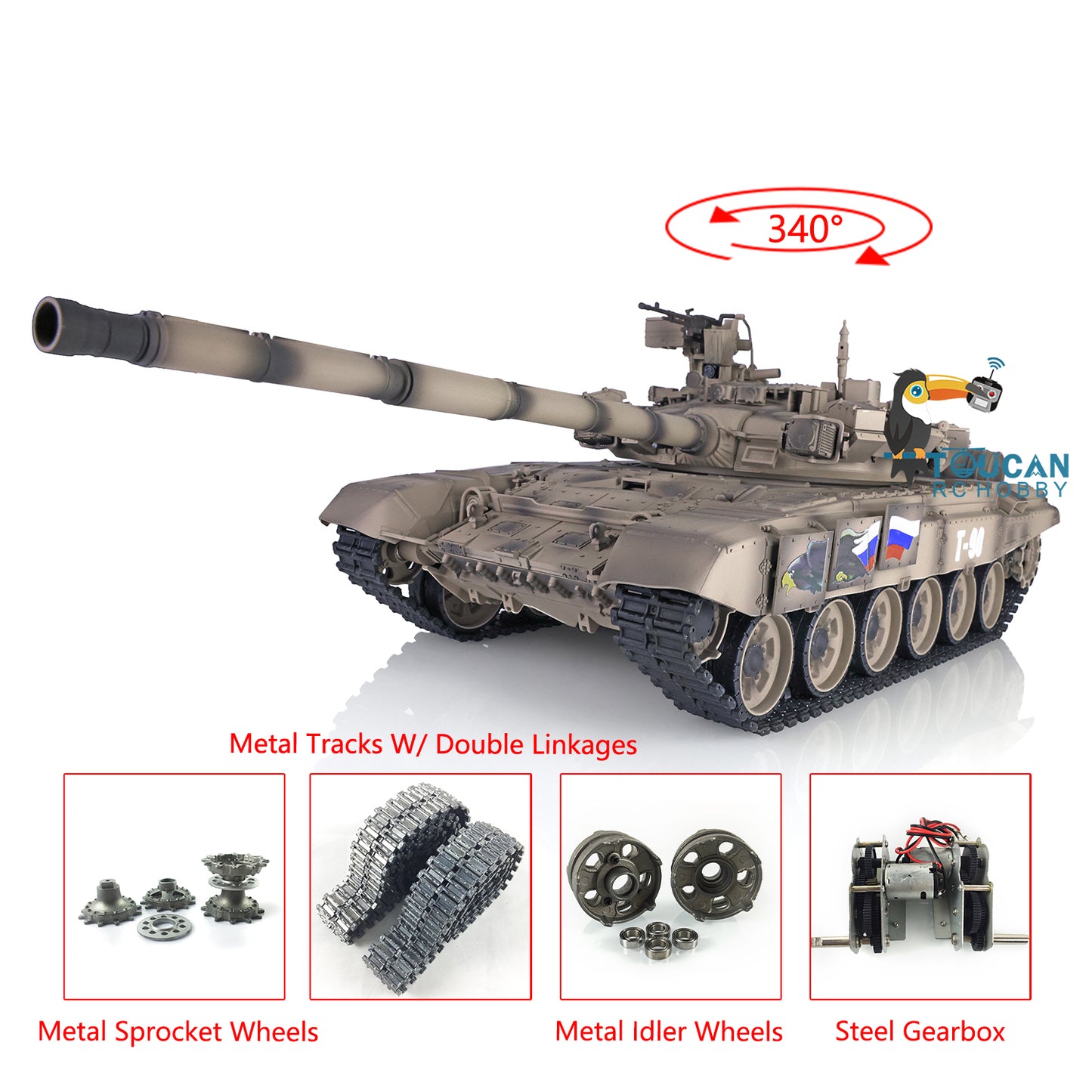 Henglong 2.4Ghz Upgraded Russian T90 1/16 Scale 7.0 RTR RC Tank Model 3938 Metal Tracks W/ Linkages 340 Degree Turret Main Battle