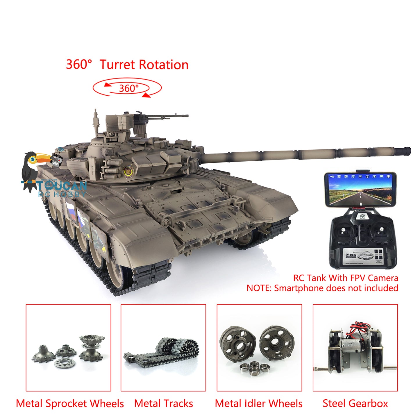 Henglong 7.0 Russian T90 RTR 1/16 RC Tank 3938 FPV 360 Degrees Turret Transmitter Receiver Speaker Motor Gearbox Metal Tracks