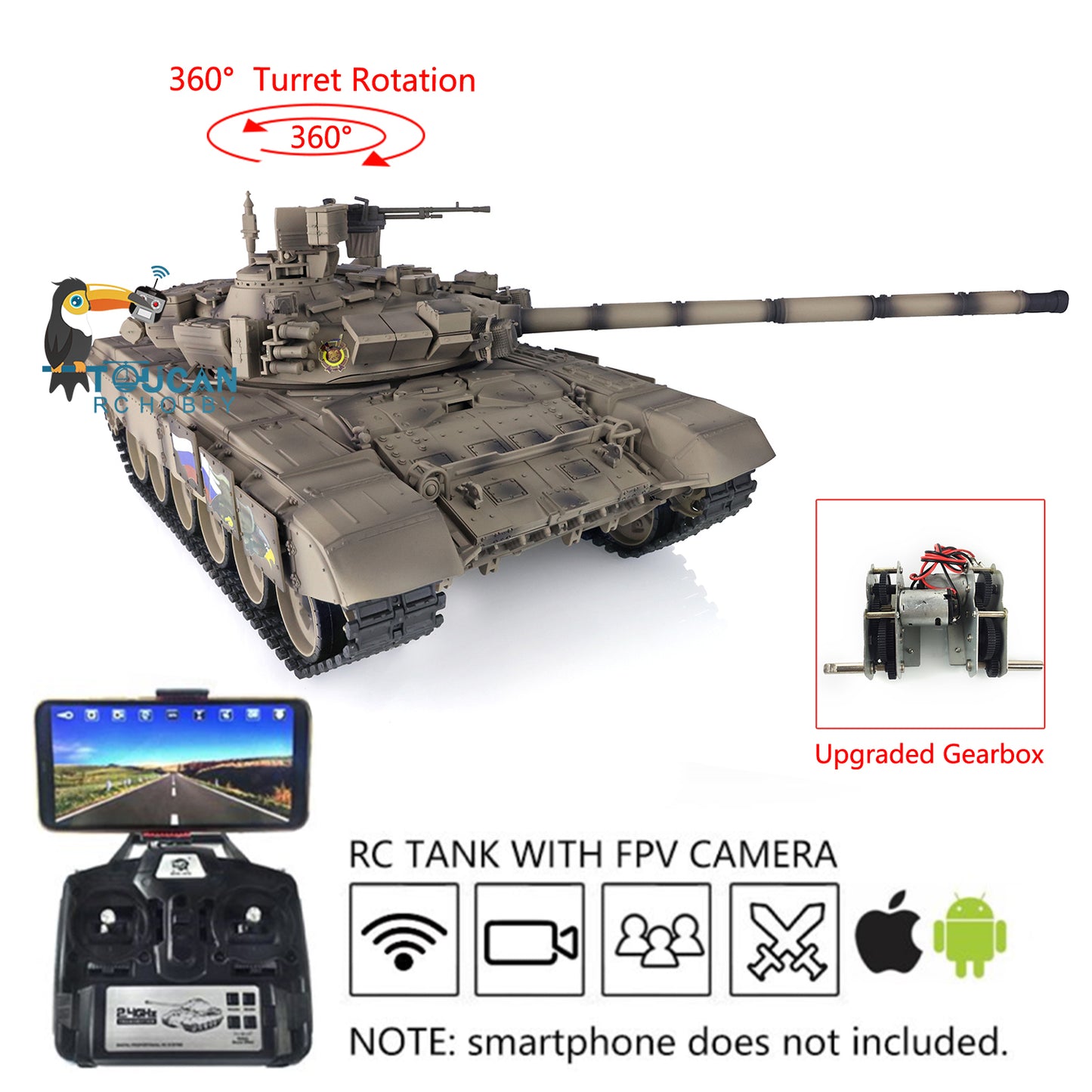 Henglong 7.0 1:16 Russian T90 RTR RC Tank 3938 Model FPV 360 Degrees Turret Metal Gearbox Plastic Return Rollers Wheels Tracks