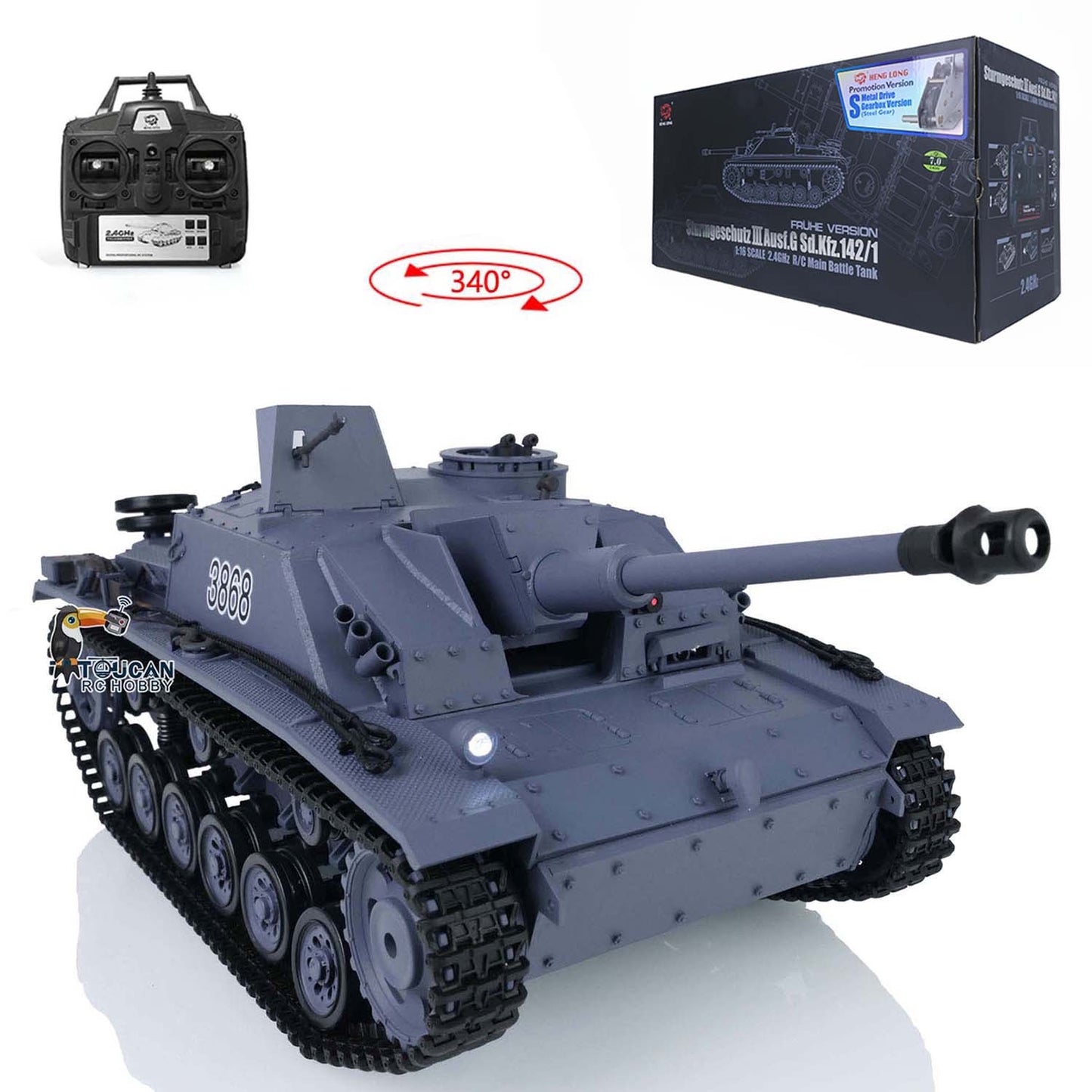 US Warehouse 2.4Ghz Henglong 1/16 Scale 7.0 Plastic German Stug III RTR RC Tank Model 3868 Smoke Unit Sound BB Shooting Unit IR