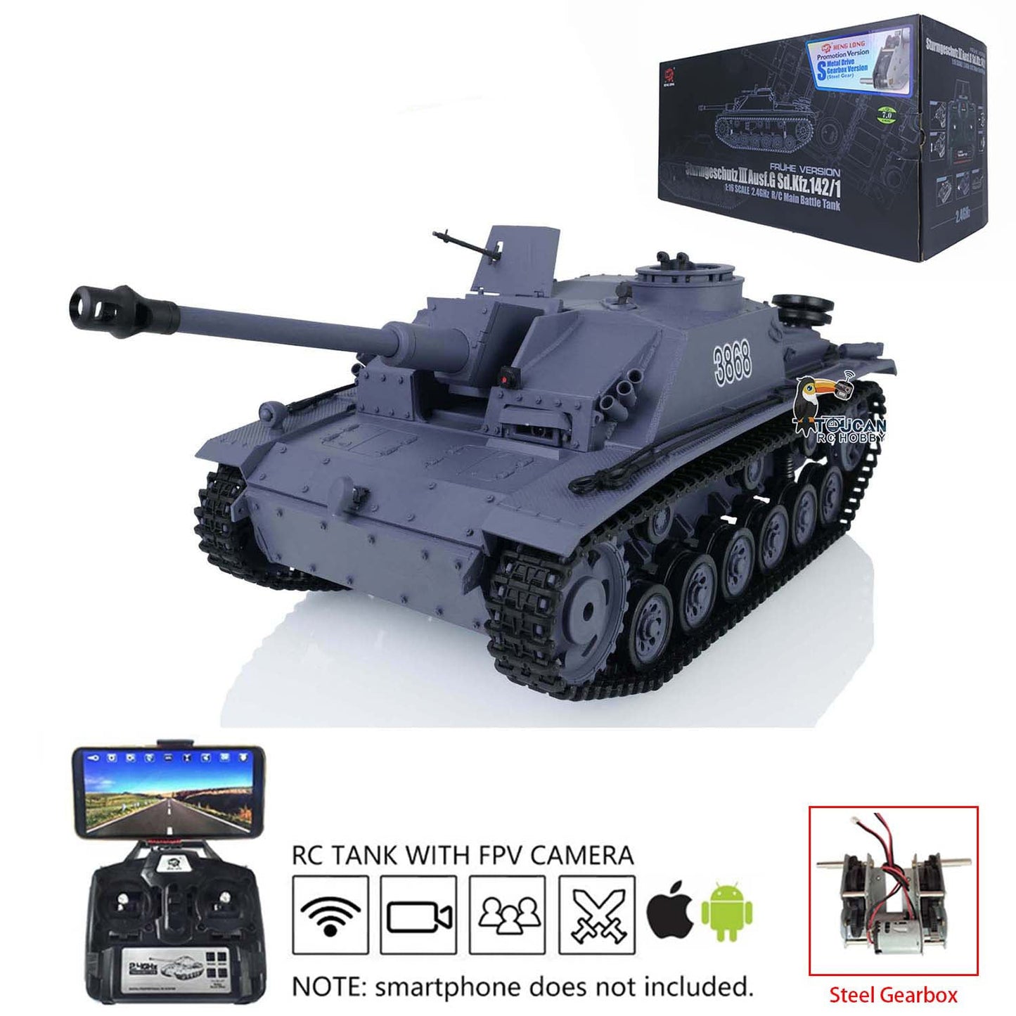 Henglong 1/16 TK7.0 3868 Plastic German Stug III RTR RC Tank Model w/ FPV Road Wheels Turret Barrel BB Shooting Outdoor Tank Model