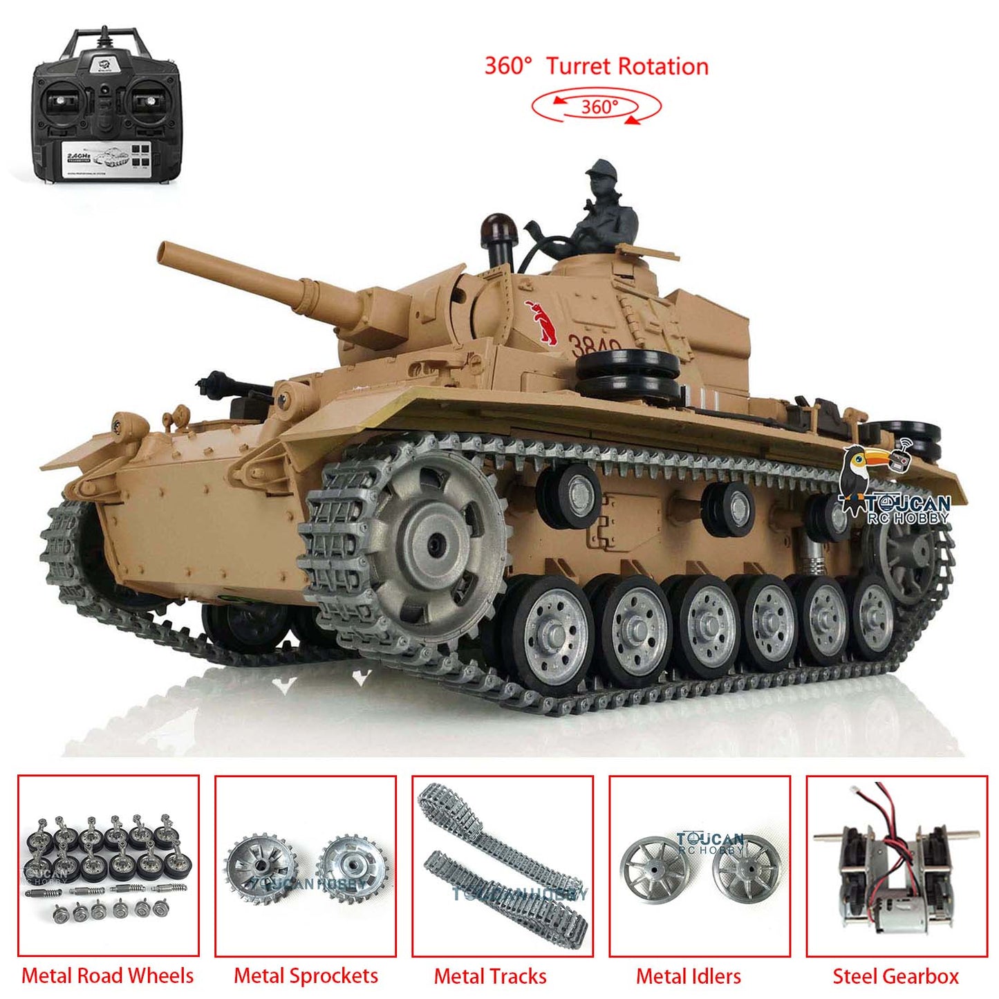 US Warehouse Henglong 1:16 7.0 2.4Ghz German Panzer III H RC Tank 3849 RTR Model Metal Wheels 360 Degree grees Turret Steel Driving Gearbox