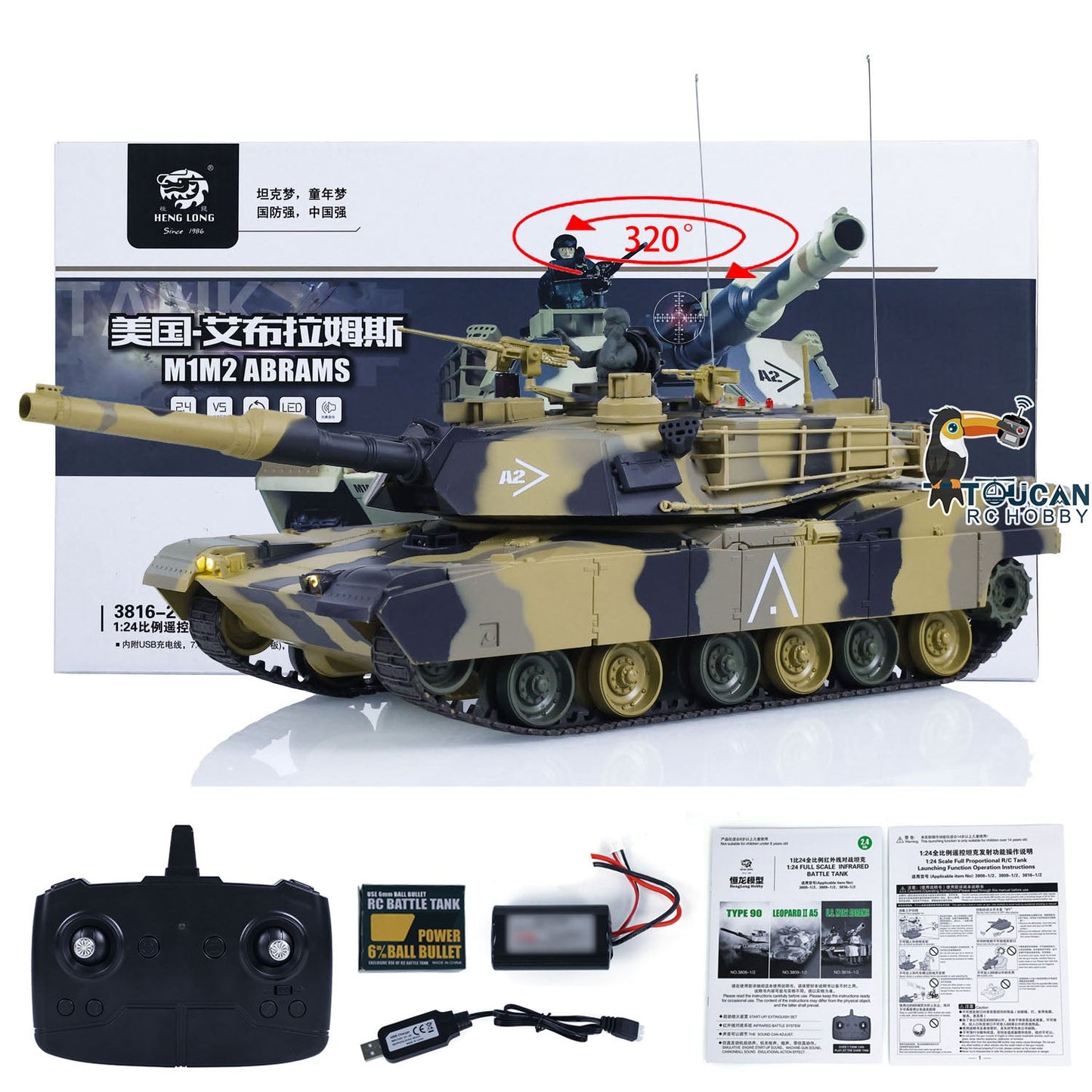 Heng Long 1/24 RC Tank Abrams M1A2 3816-2 2.4G Remote Control Battle Vehicle Panzer Simulation Model Painted Assembled