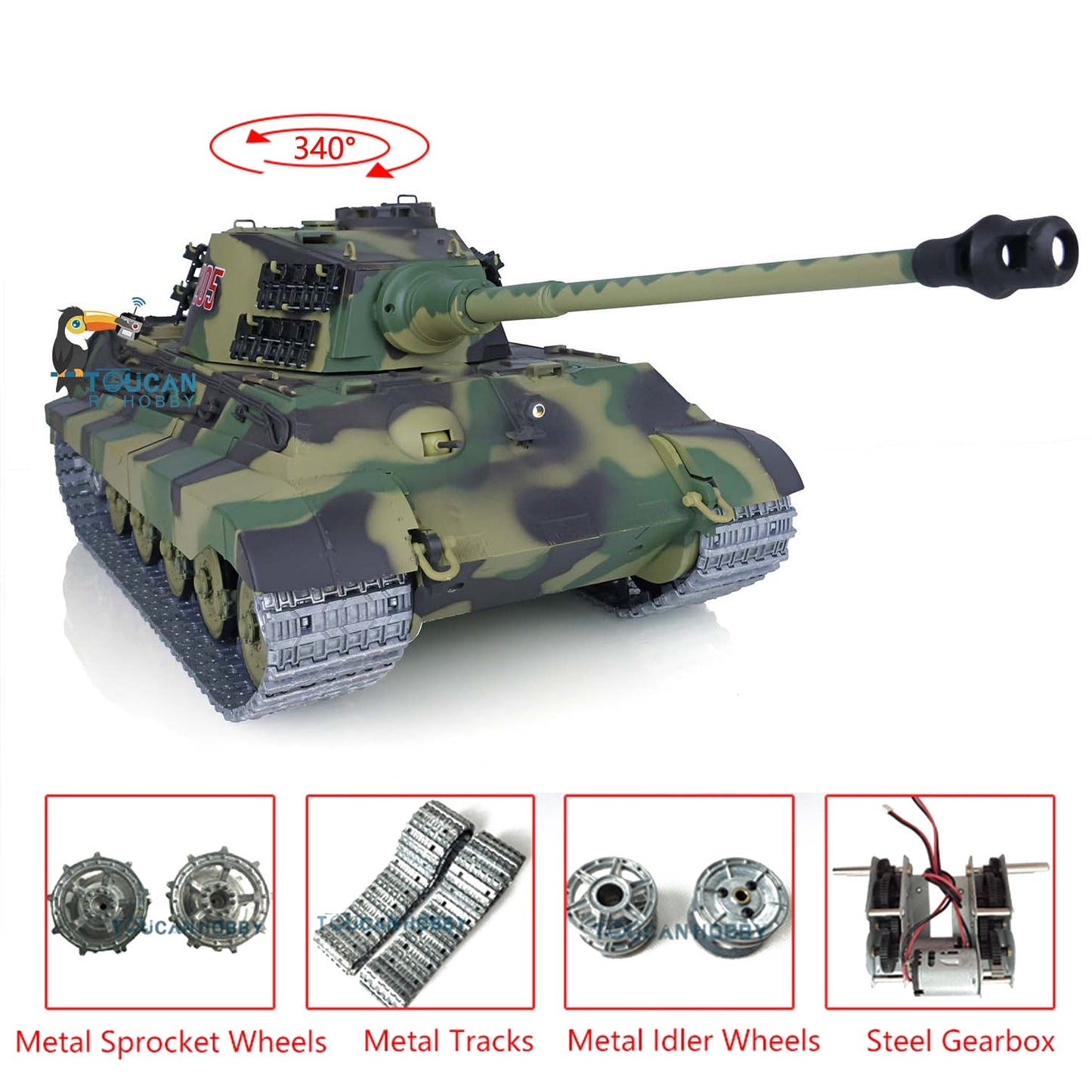 US Warehouse 2.4Ghz Henglong 1:16 7.0 German King Tiger RTR RC Tank 3888A Model Metal Tracks 340 Degree Turret Steel Driving Gearbox