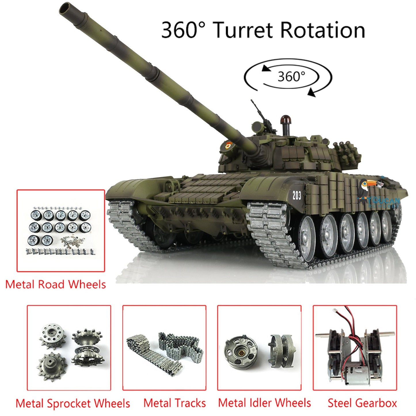 US Warehouse 1:16 Henglong 7.0 T72 3939 Battle RC RTR Tank Radio Control Model 360 Turret Metal Tracks Sprockets Idlers Gearbox