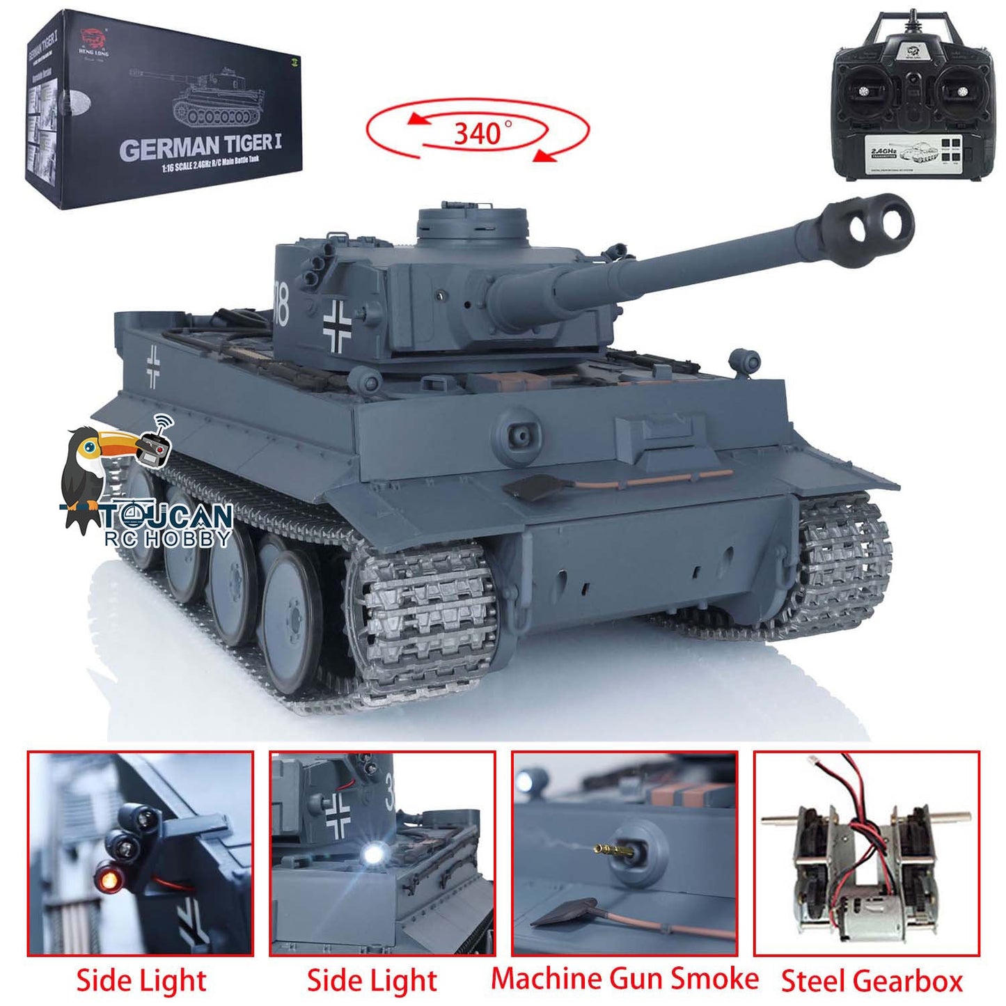 Henglong 7.0 1/16 RTR Metal RC Tank Remote Controlled Track German Tiger I 3818 Somking Machin Gun Side Lights BB Bullets