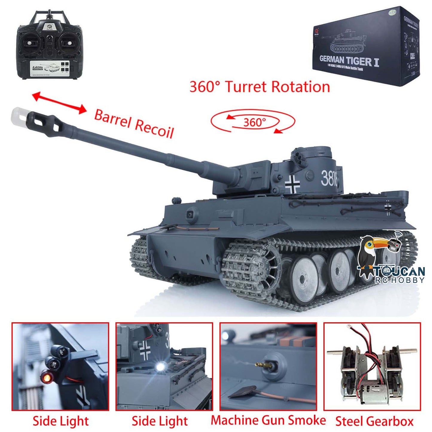 Henglong 1/16 Metal 7.0 RC Tank RTR 3818 German Tiger I W/ Barrel Recoil Track Wheel Somiking Machine Gun Side Light Barrel Recoil