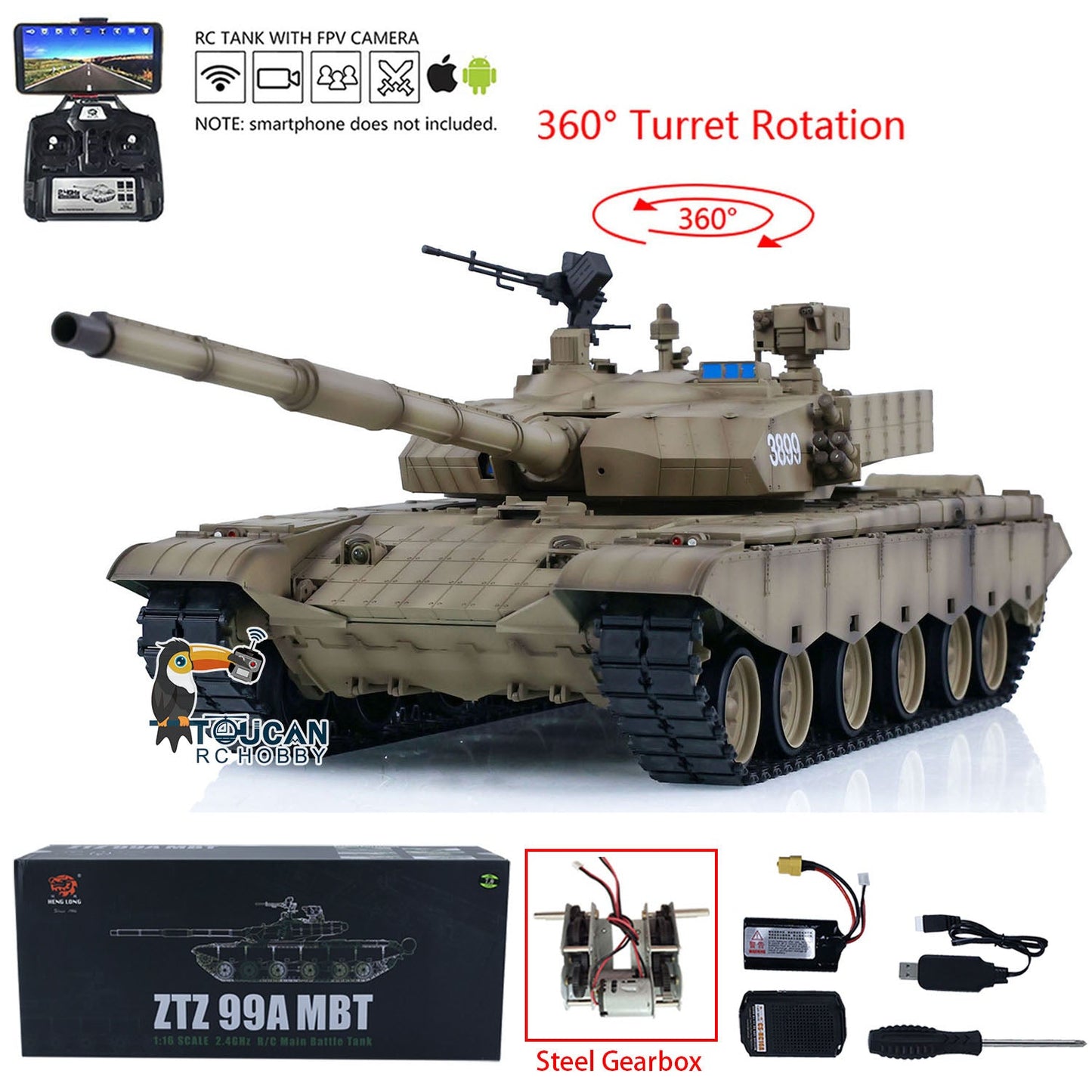 Henglong 1/16 FPV 7.0 Chinese 99A RC Tank Model 3899A 360 Turret Steel Gearbox Radio Controlled Military Vehicle Hobby DIY Toy Car