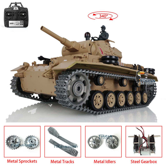 US Warehouse 1/16 Henglong 7.0 Upgraded German Panzer III H RTR RC Tank Model 3849 Metal Tracks 340 Degree Turret IR BB Shooting Unit