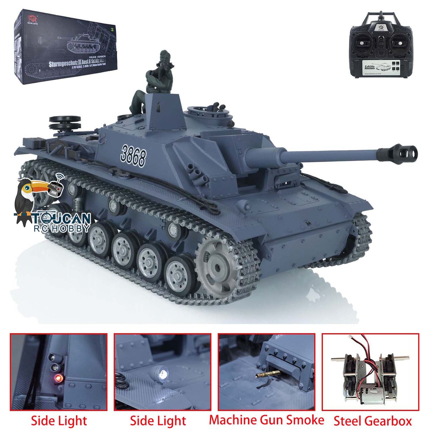 Henglong 1:16 Metal RC Battle Tank Tracks Wheels 3868 Radio Control Military Vehicle Stug III Machine Gun with Smoking Function