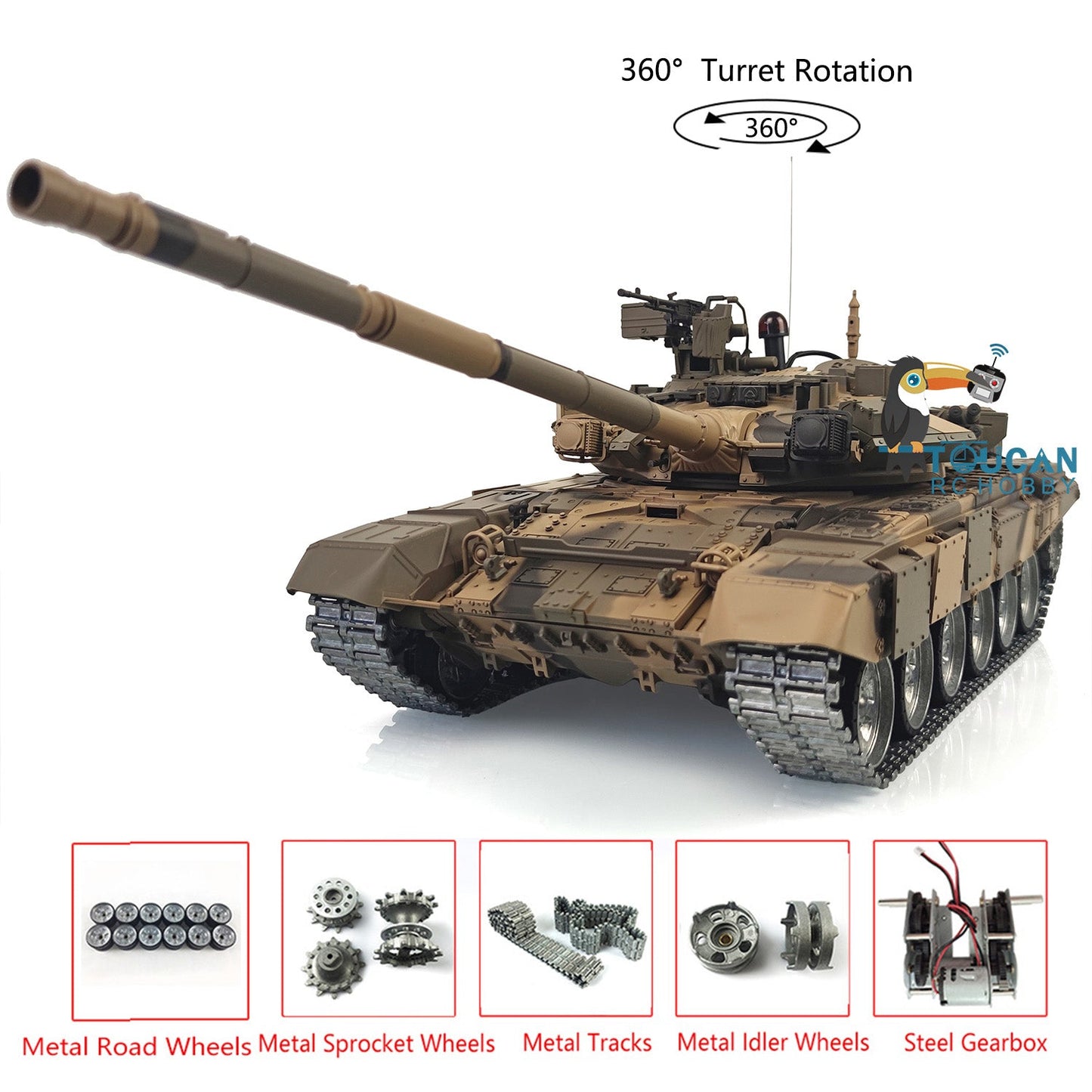 US Warehouse 1:16 7.0 Henglong RTR Customized Russian T90 RC Tank 3938 W/ Speaker Smoke Unit 360 Degree grees Turret Metal Tracks Wheels