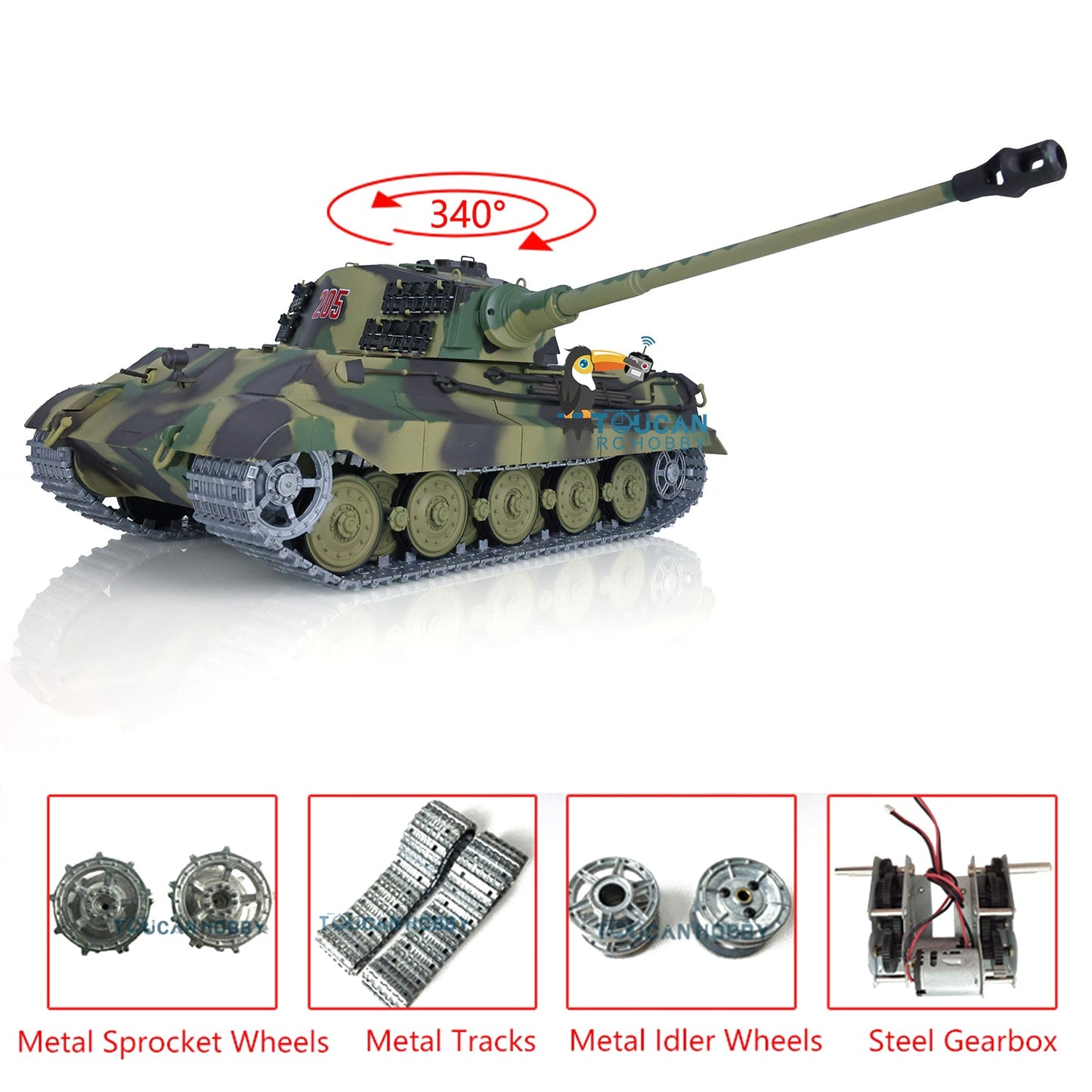 US Warehouse 2.4Ghz Henglong 1:16 7.0 German King Tiger RTR RC Tank 3888A Model Metal Tracks 340 Degree Turret Steel Driving Gearbox