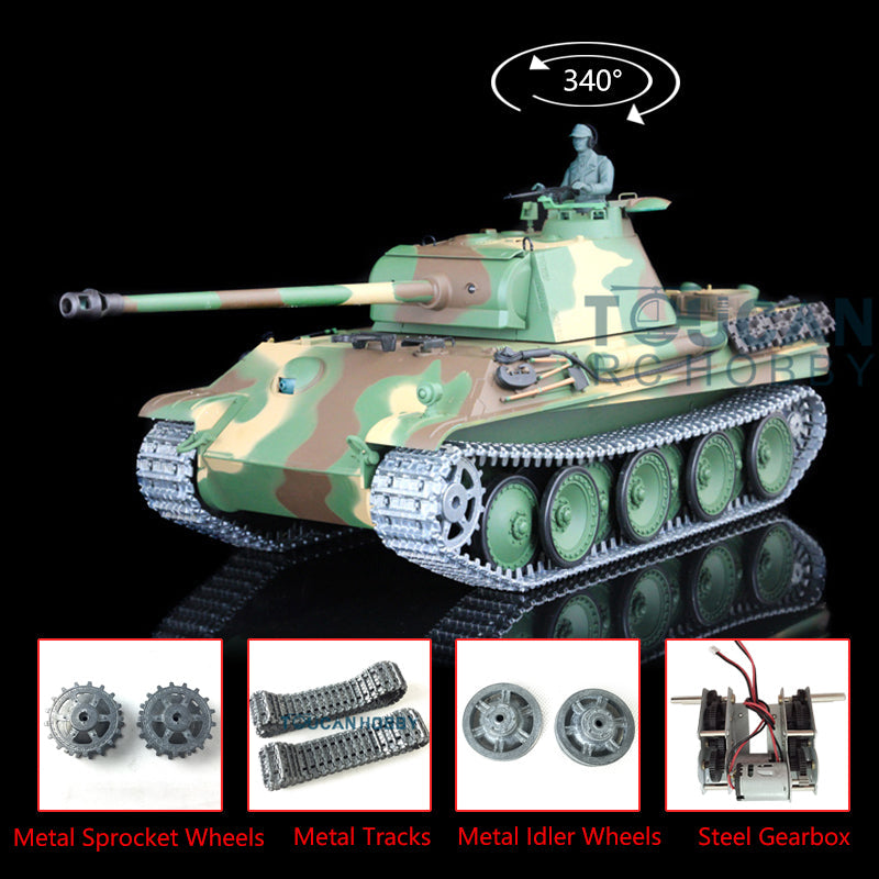 US Warehouse Henglong 1:16 Scale 7.0 Upgraded German Panther G RC Tank 3879 Metal Tracks 340 Degree Turret BB Shooting Unit IR RTR Model