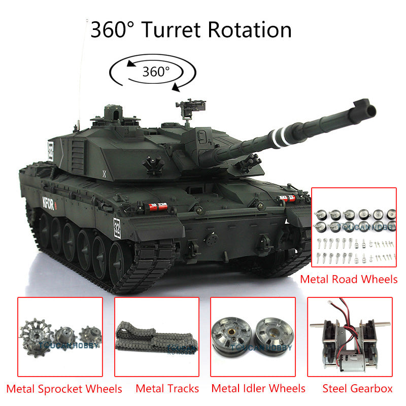 Henglong 1:16 Challenger II RTR RC Tank Model TK7.0 3908 360 Degrees Turret Steel Gearbox Metal Tracks Idlers Sprockets Road Wheels