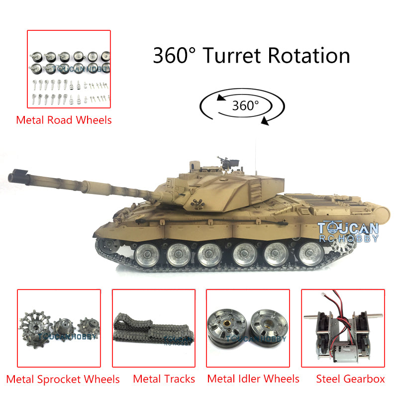 Henglong 1:16 Challenger II RTR RC Tank Model TK7.0 3908 360 Degrees Turret Steel Gearbox Metal Tracks Idlers Sprockets Road Wheels