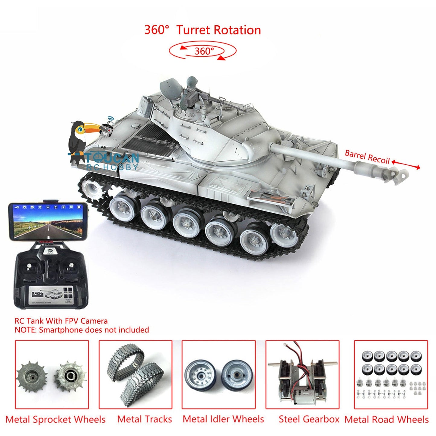 Henglong 1/16 Customized RC Tank Model 3839 Walker Bulldog RTR Tank Model w/ 360 Degrees Rotating Turret FPV Phone Holder Sound Effect