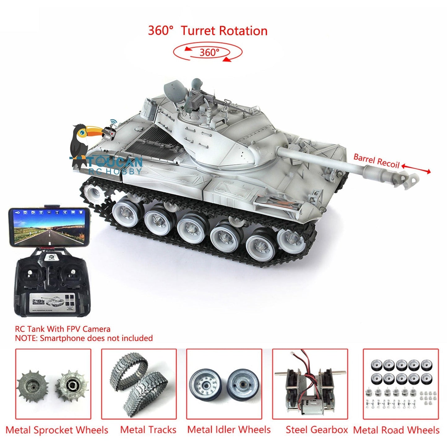 Henglong 1/16 Customized RC Tank Model 3839 Walker Bulldog RTR Tank Model w/ 360 Degrees Rotating Turret FPV Phone Holder Sound Effect