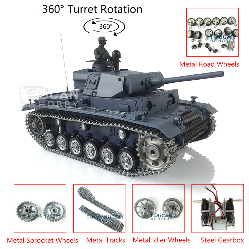 US Warehouse Henglong 1/16 7.0 Customized German Panzer III L RTR RC Tank 3848 Metal Tracks Wheels 360 Degree grees Turret Battery Transmitter