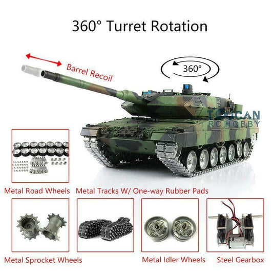 US Warehouse Henglong 1:16 7.0 German Leopard2A6 RTR RC Tank 3889 Barrel Recoil Metal Tracks W/Rubbers Pads Remote Control Model