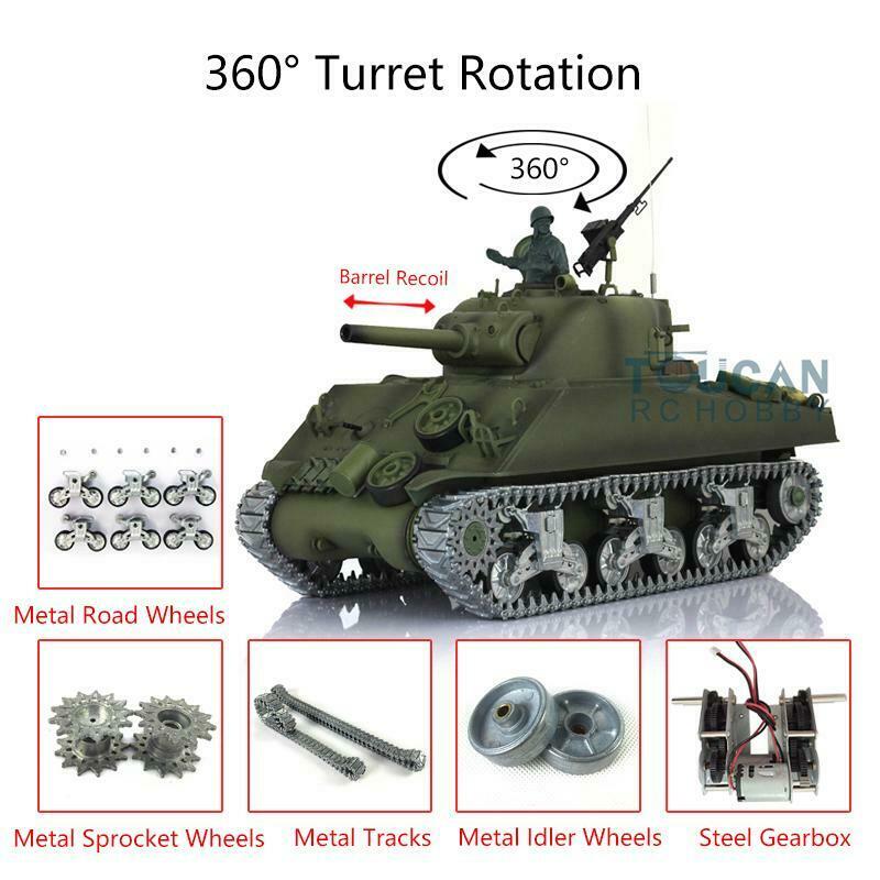 US Warehouse Henglong 1/16 7.0 M4A3 Sherman RC Tank 3898 Barrel Recoil 360 Degree grees Turret Metal Tracks Idlers Sprockets Road Wheels